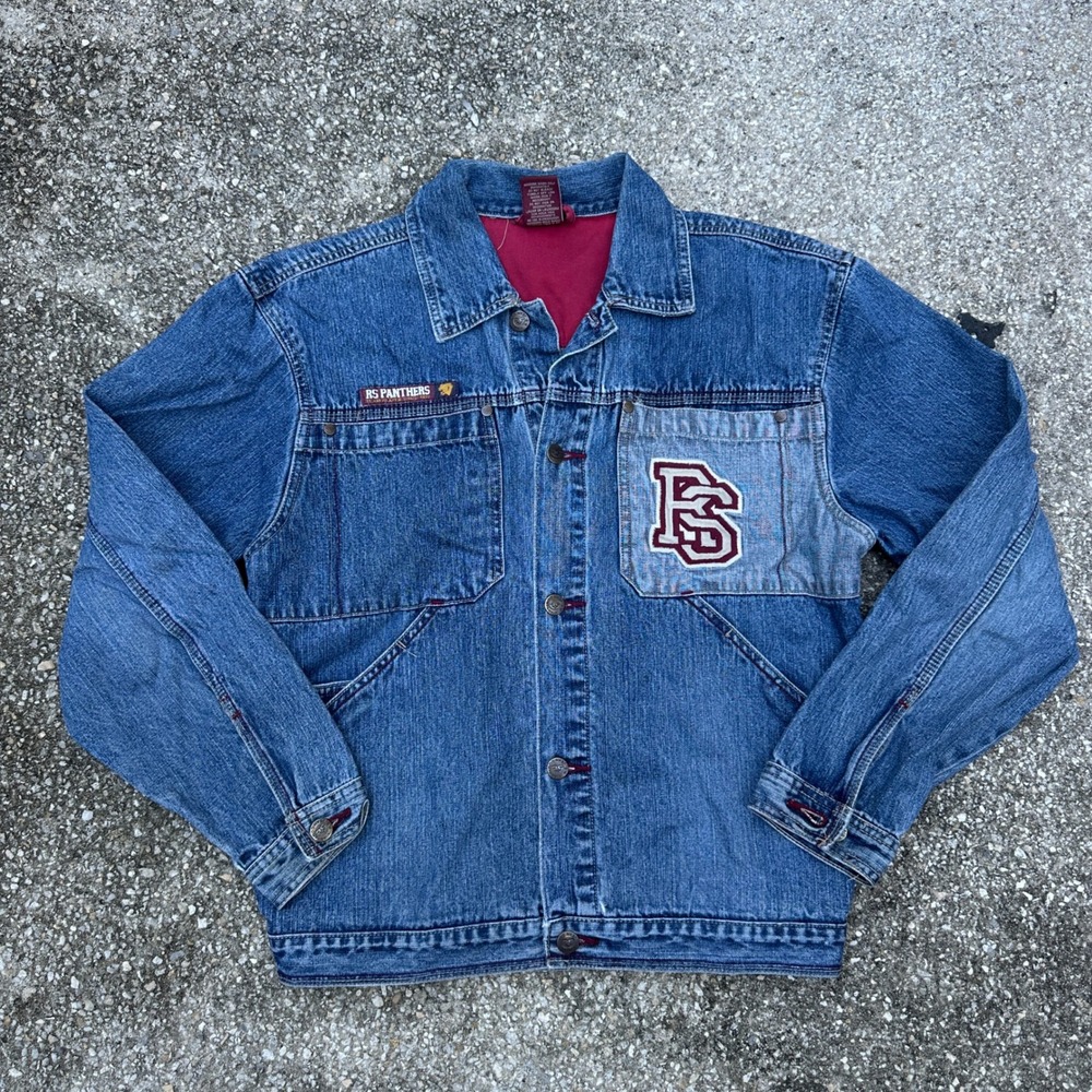 Vtg RS Jeans Mens Denim Jacket Large Blue RS Panthers Varsity Trucker Coat 90s